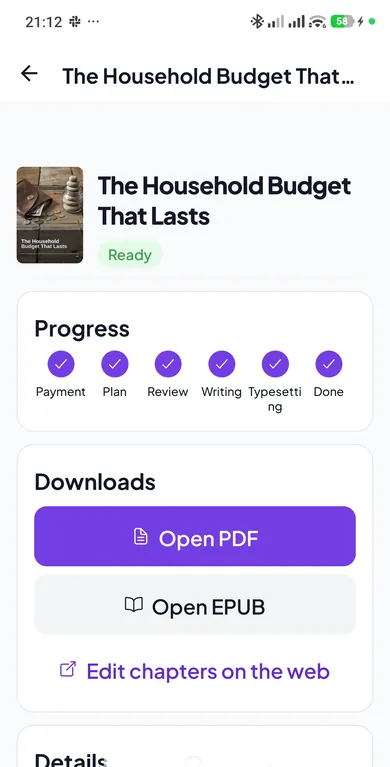 Finished book: PDF and EPUB downloads, Android app