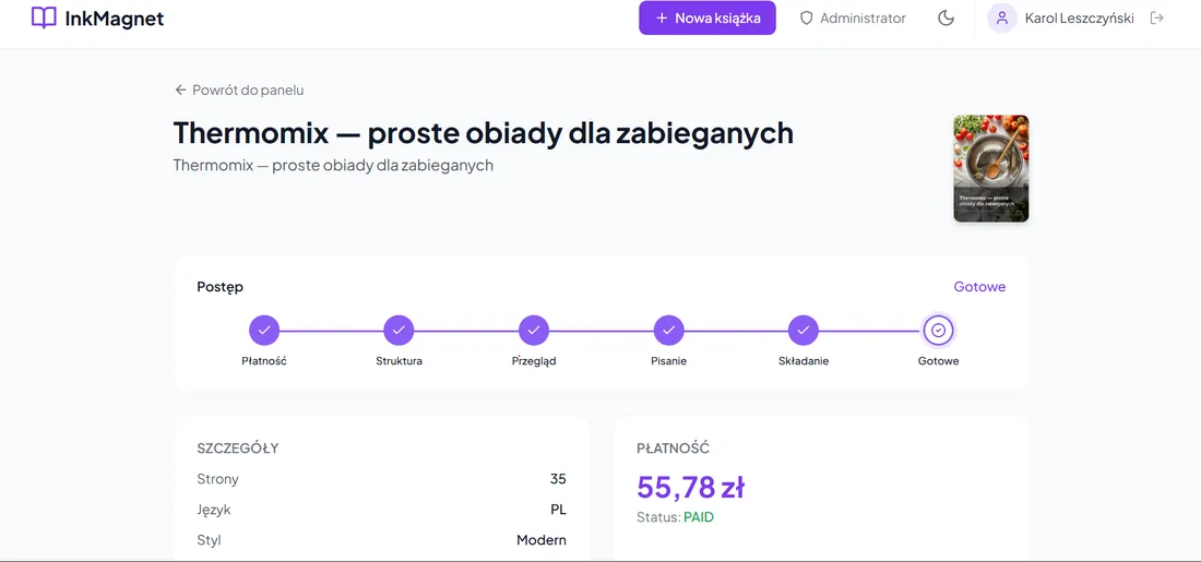 Strona książki w InkMagnet z okładką i paskiem postępu