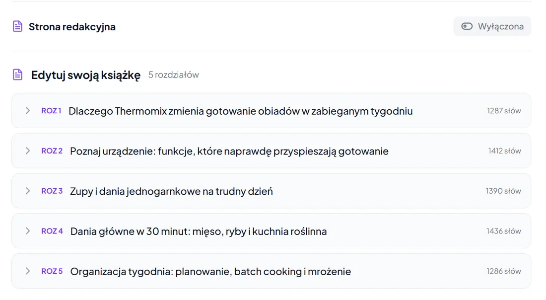 Lista rozdziałów w edytorze InkMagnet