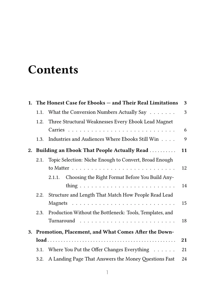 Table of contents page from a generated book